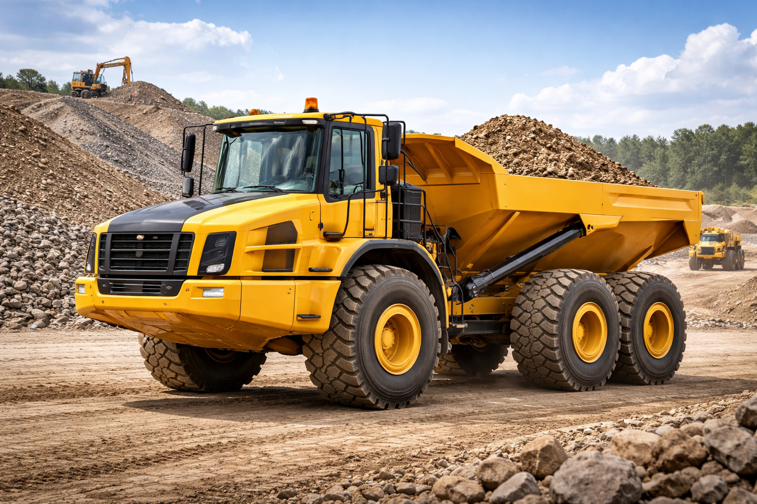 Articulated dump truck on rough terrain